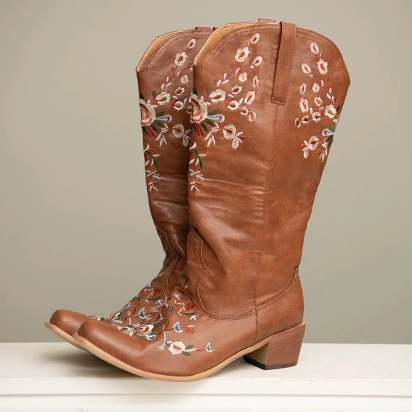 Floral Embroidered Western Cowgirl Boots Pointed Toe Festival Cute Country Boho - Picture 1 of 5